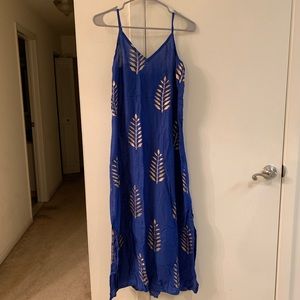 Royal blue midi dress with gold leaf detail